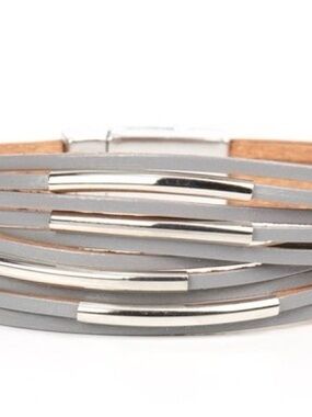 Layered Grey Leather Wrap Bracelet with Silver Bars